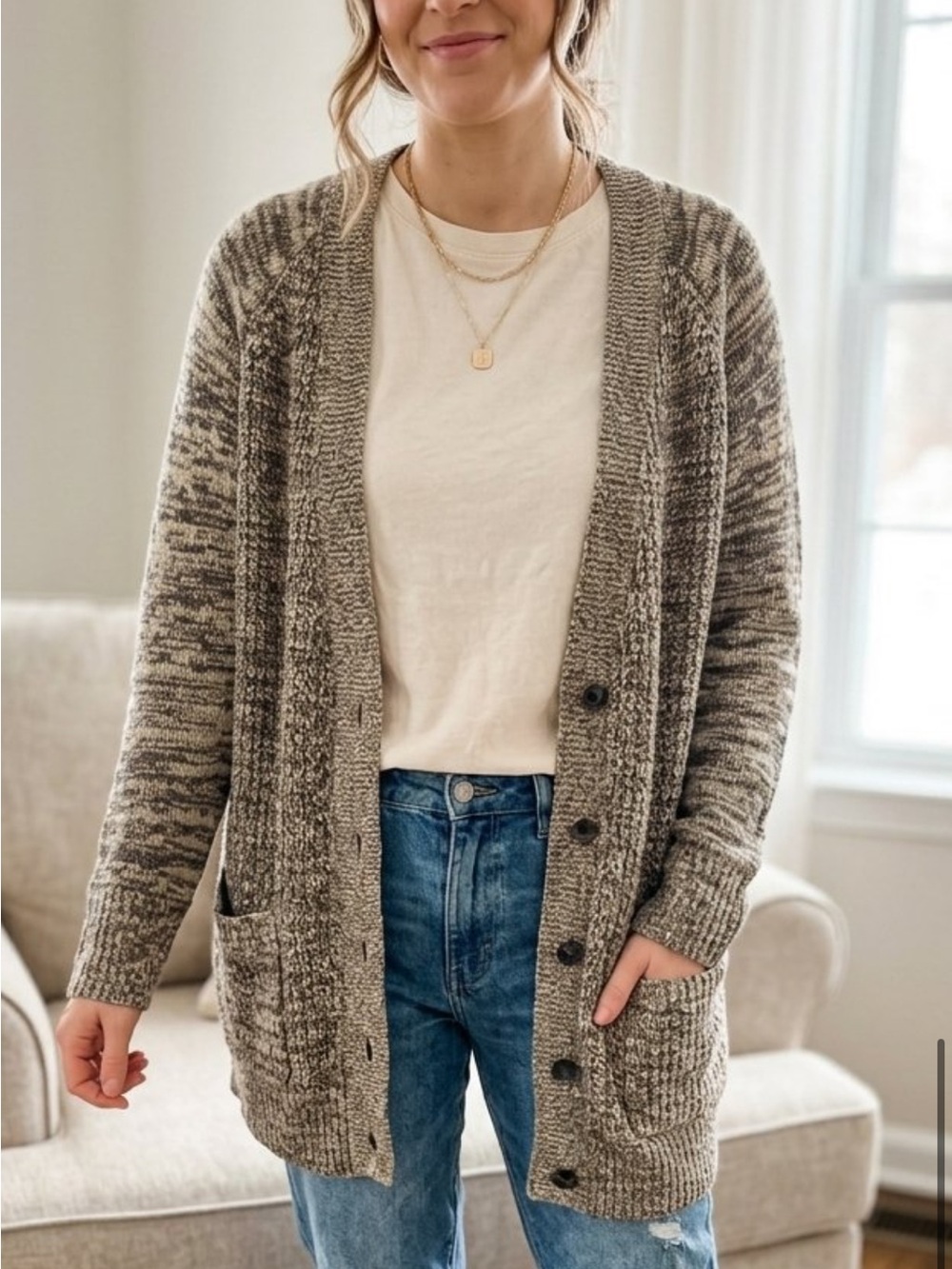 Merona Heathered Taupe-Brown Button Cardigan